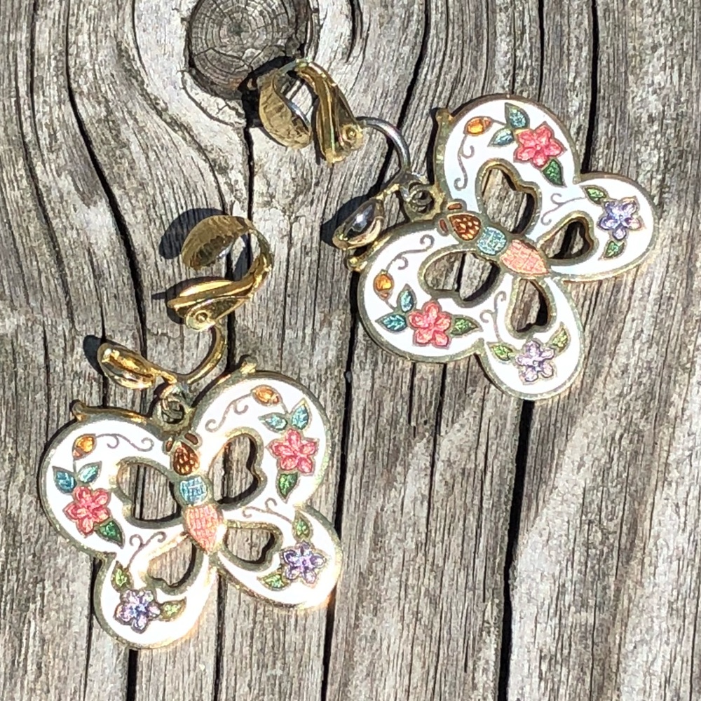- Vintage Enamel Butterfly Clip-On Earrings! EUC!